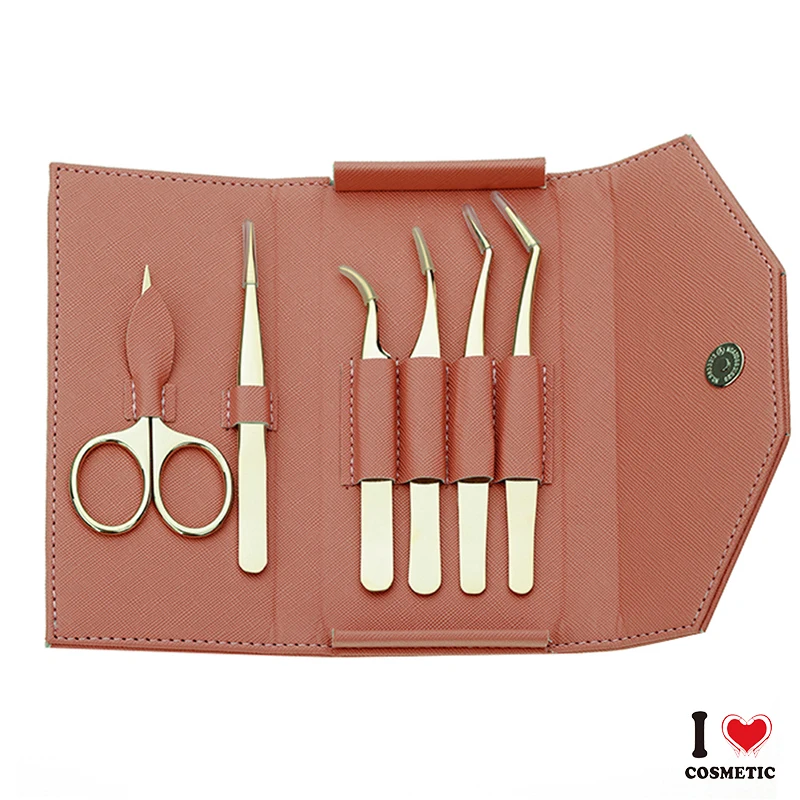 Golden Color Competitive Price False Eyelashes Applicator Tools Set Stainless Steel False Eyelash Clips with Leather Case