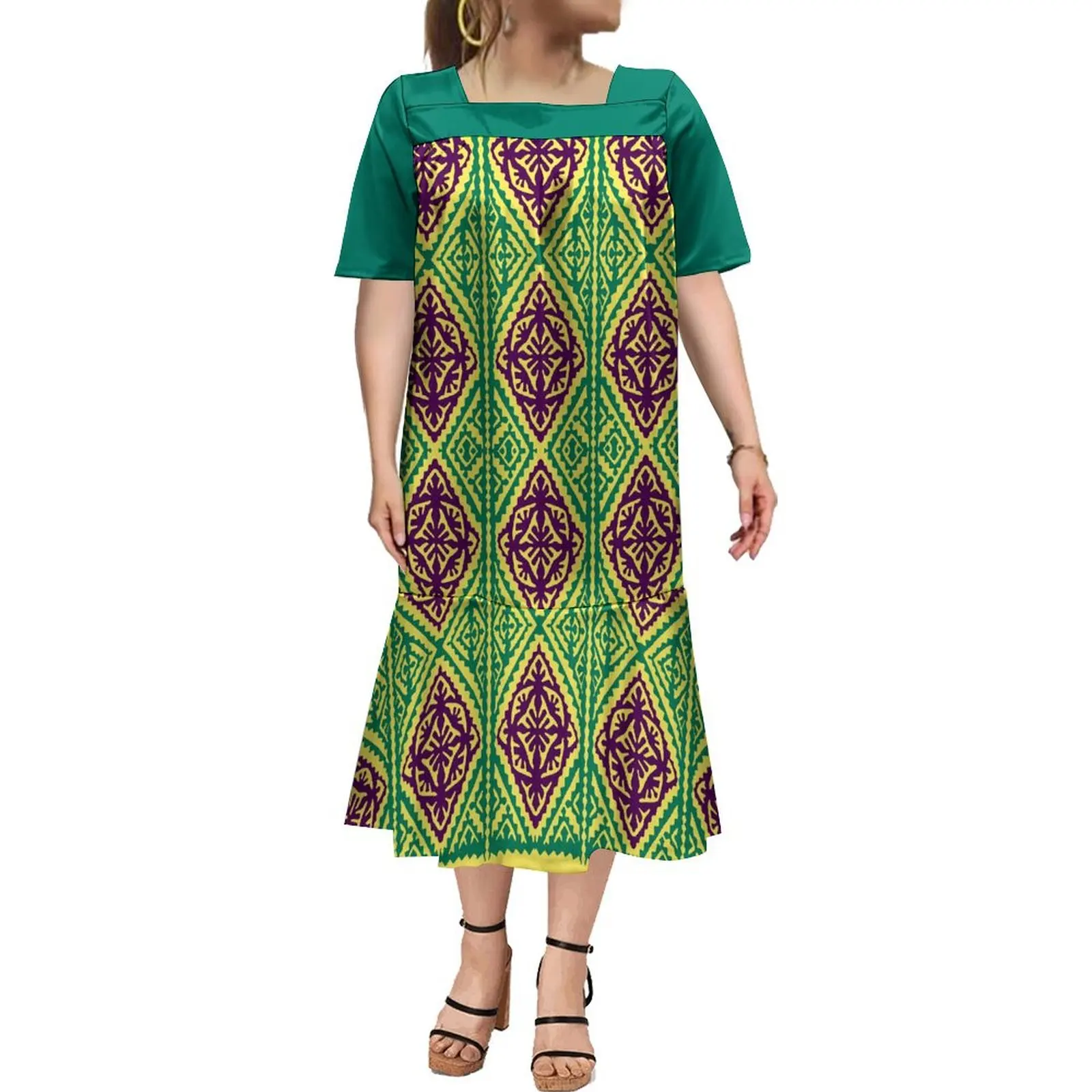 Hot Selling Custom Polynesian Tribal Design Micronesian Mumu Dress Women Elegant Square Collar Short Sleeve Fishtail Midi Dress