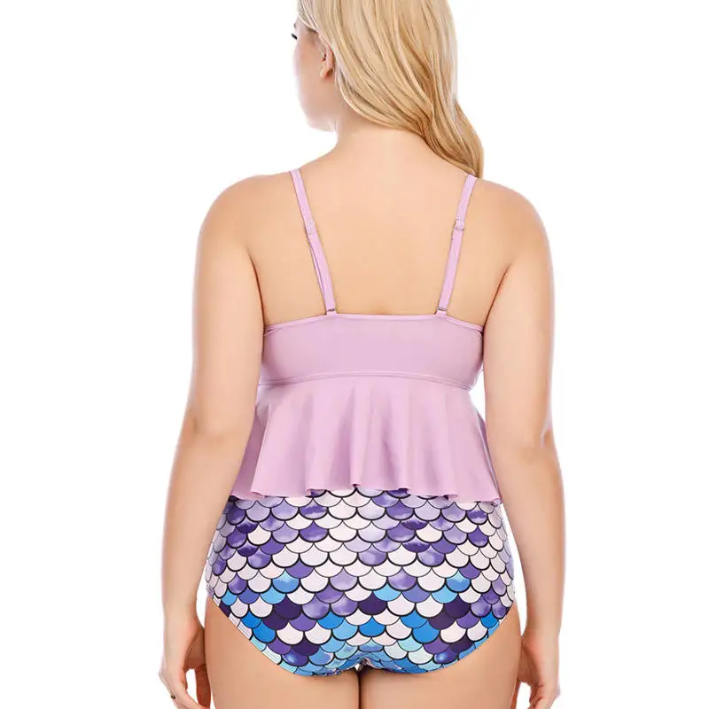 Women Plus Size Mermaid print sexy Two Piece Swimsuits High Waisted Tankini Set Ruffle Tummy Control Bathing Suit