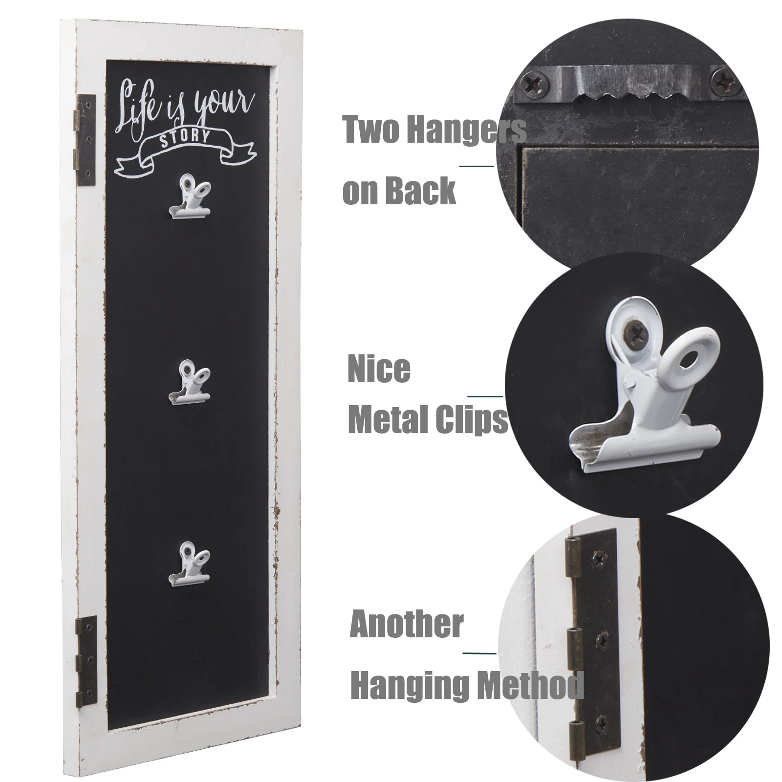 Distressed Wood Chalkboard Decorative Rustic Wooden Photo Picture Holder  With Clips For  Wall Hanging