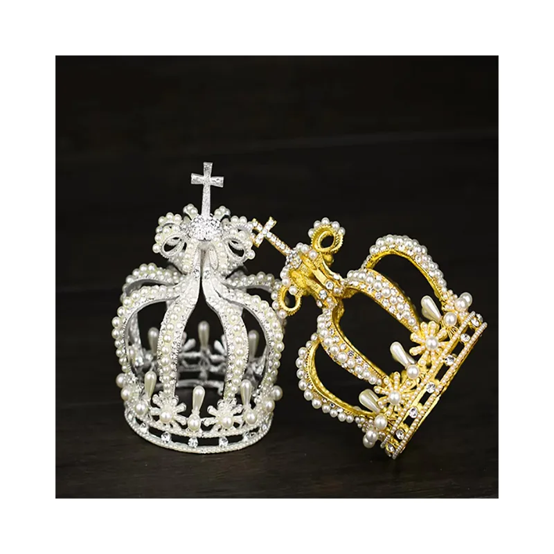 Full Pearls Golden Silver Kings Crown Delicate Hollow Out Large Round Gold Crowns Metal Rhinestone wedding hair accessories