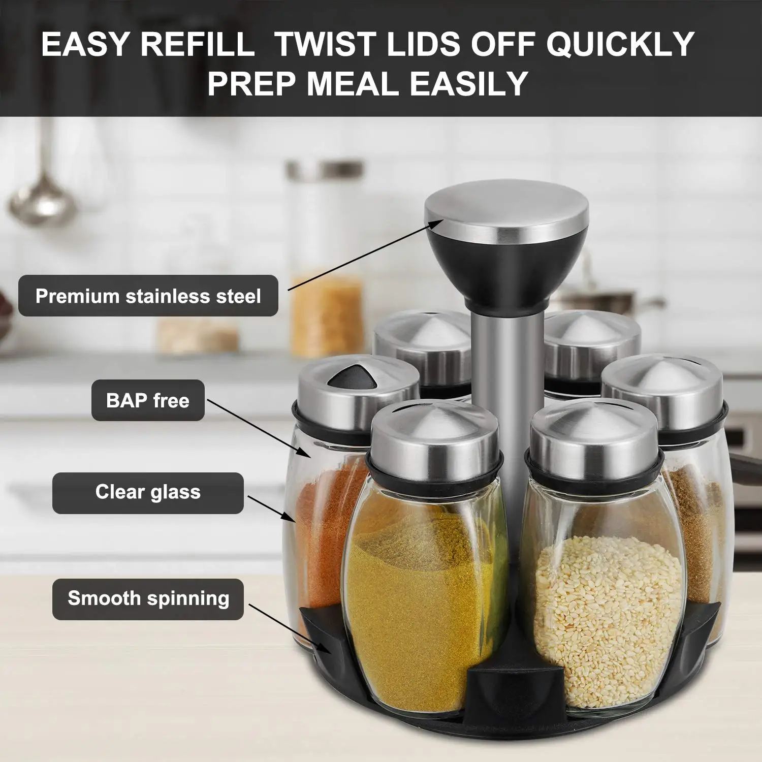 Spice Rack Organizer Kitchen Countertop Spice Storage Rack Swivel Rack Tower Set with 6 Glass Spice Refill Container Jars