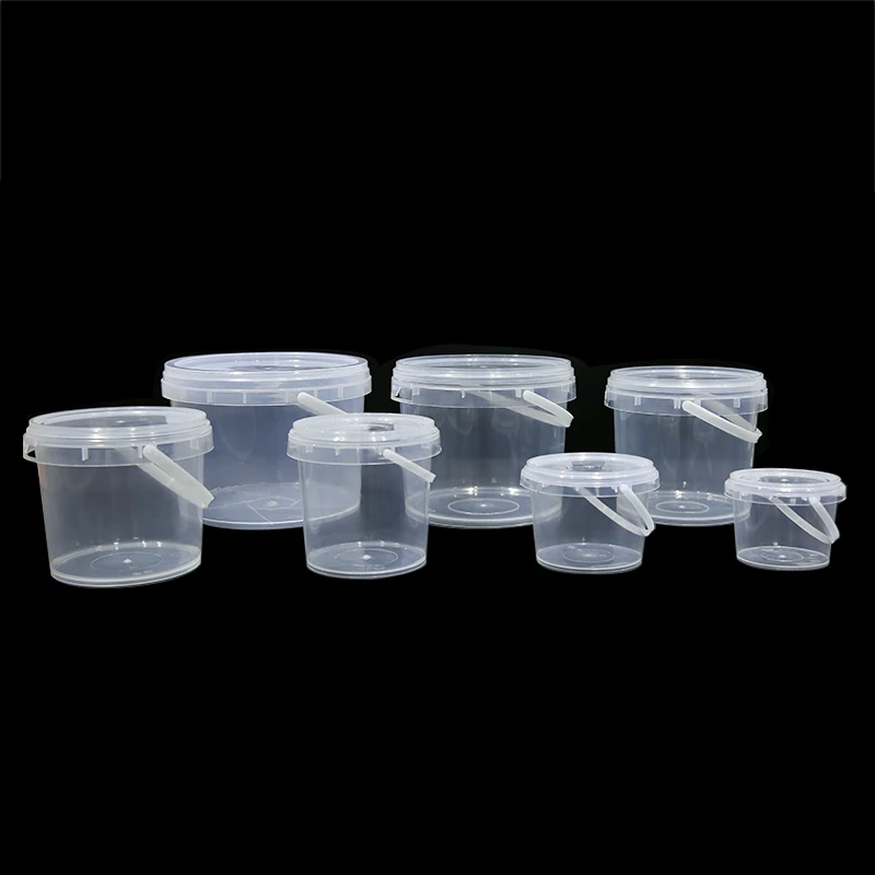 white clear plastic bucket with plastic handle