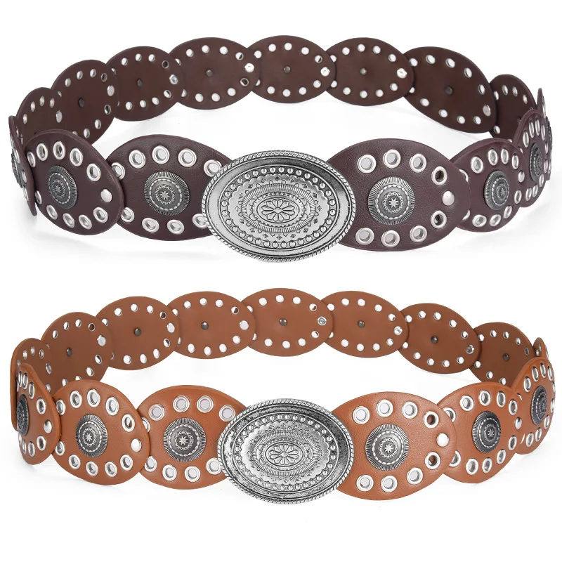 2024 Ladies Retro Punk Big Round Rivet Hole PU Leather Belt Ladies Exaggerated Wide Hollow Metal Leather Belt