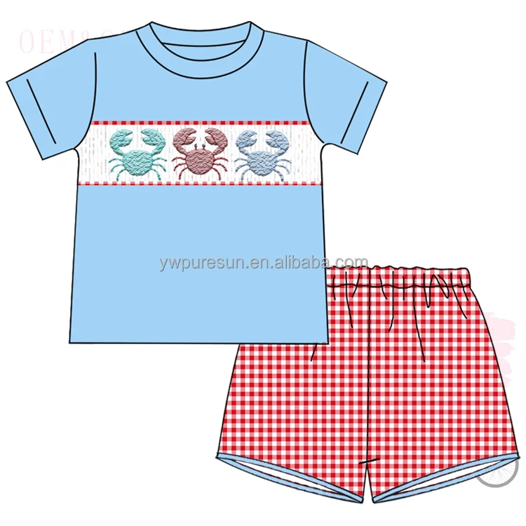Hot sale boutique design beach clothing crab smocked French Knot siblings set children wear wholesale baby clothes
