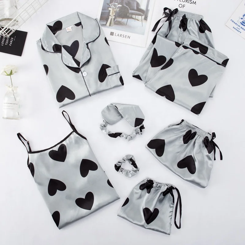 New Arrival Ladies Ice Silk Pajamas Spring, Autumn and Summer Long-sleeved Seven-piece Simulation Silk Sexy Home Service Suit