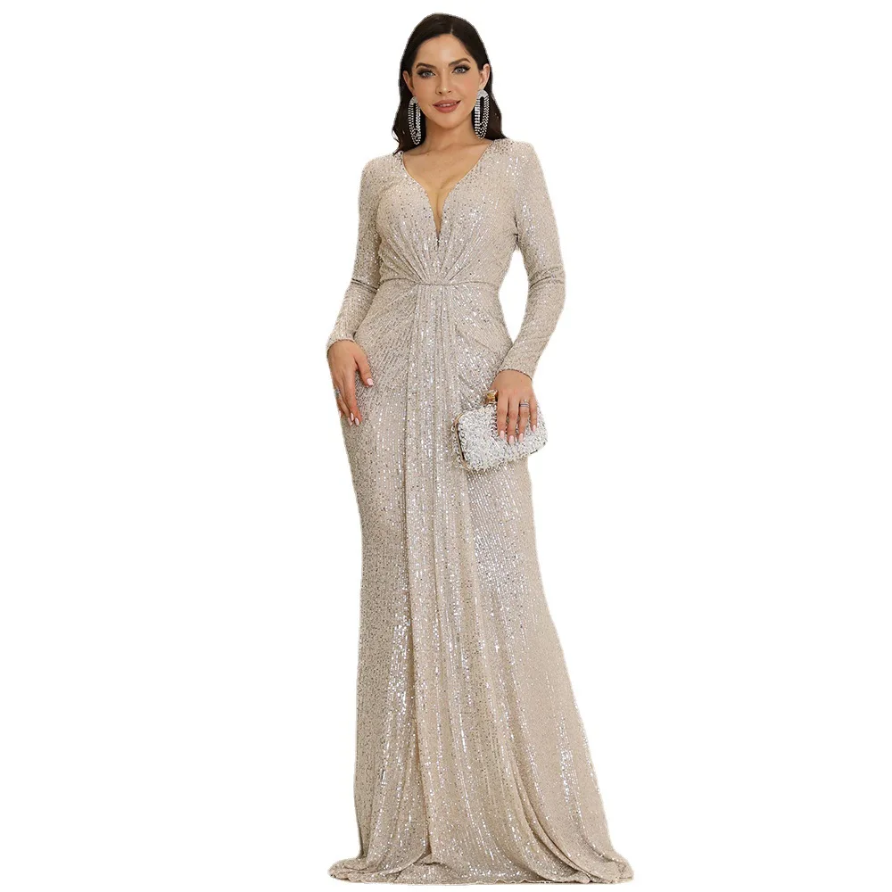 Sexy Women Dresses V Neck Long Sleeves Sequin Lace Gown Open Back Floor Length Evening Dress 2024