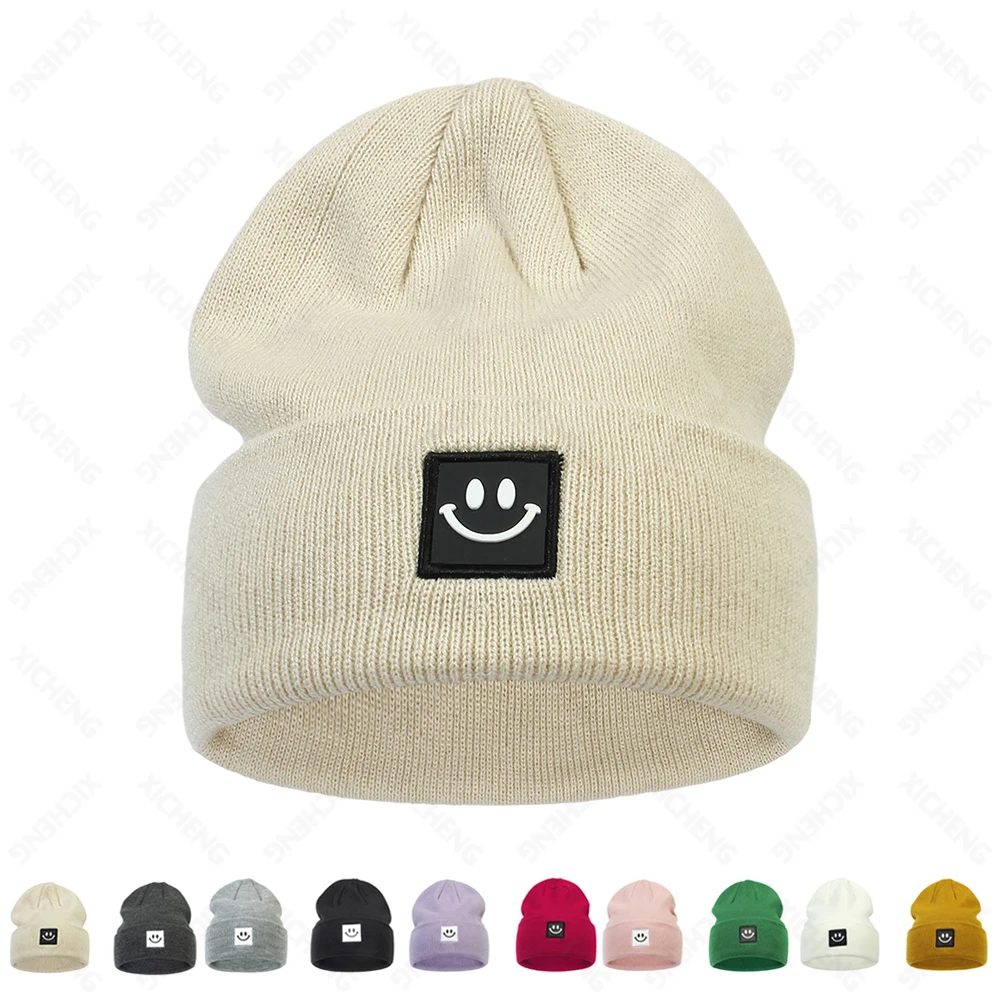 High Quality custom cartoon smile embroidery logo winter warm acrylic high elastic beanie knitted hat for men and women