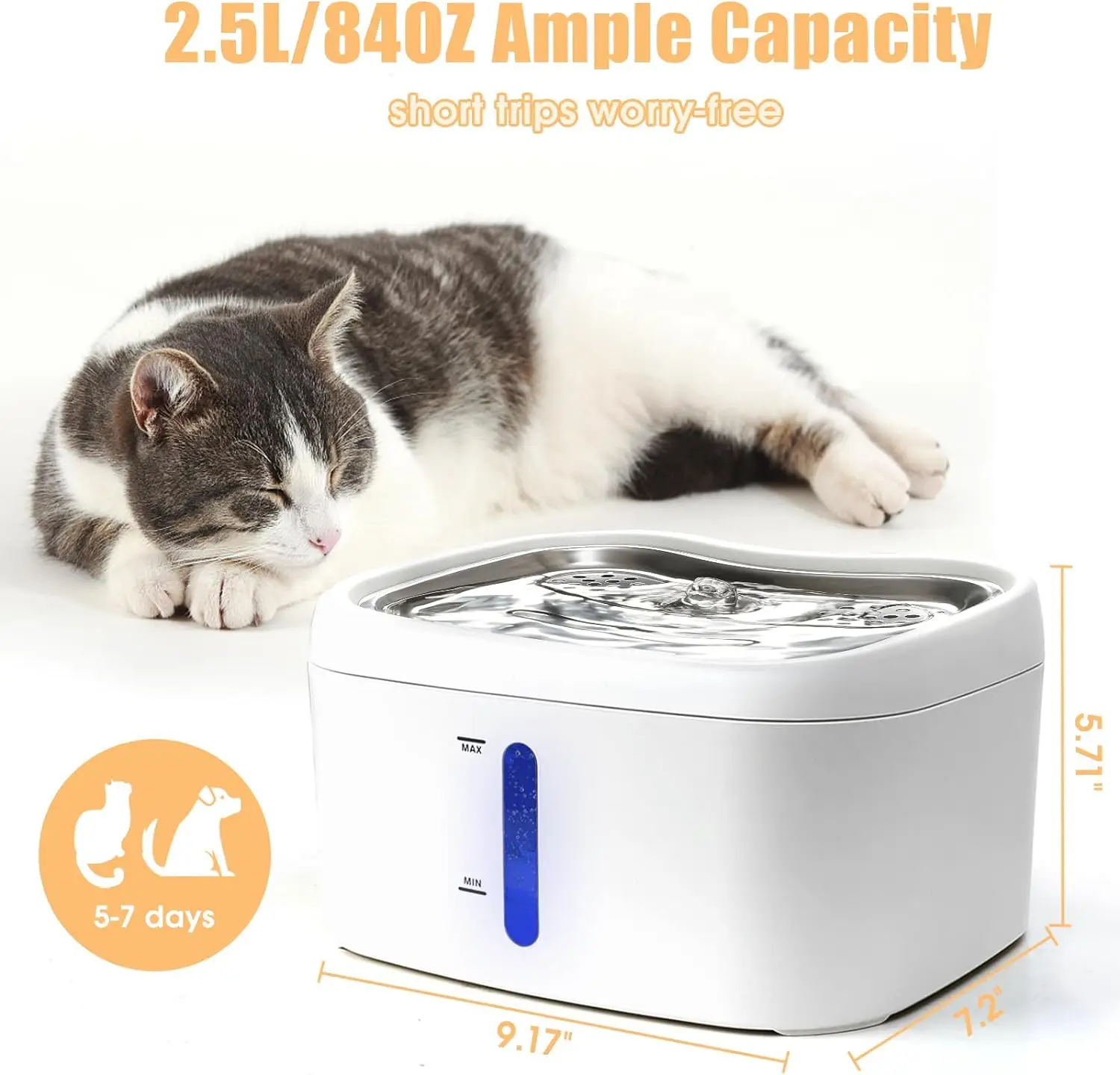 Water Fountain 2.5L/84oz Silent Pump Level Window LED Light Flowing Automatic Dispenser Pet Drinking Bowl
