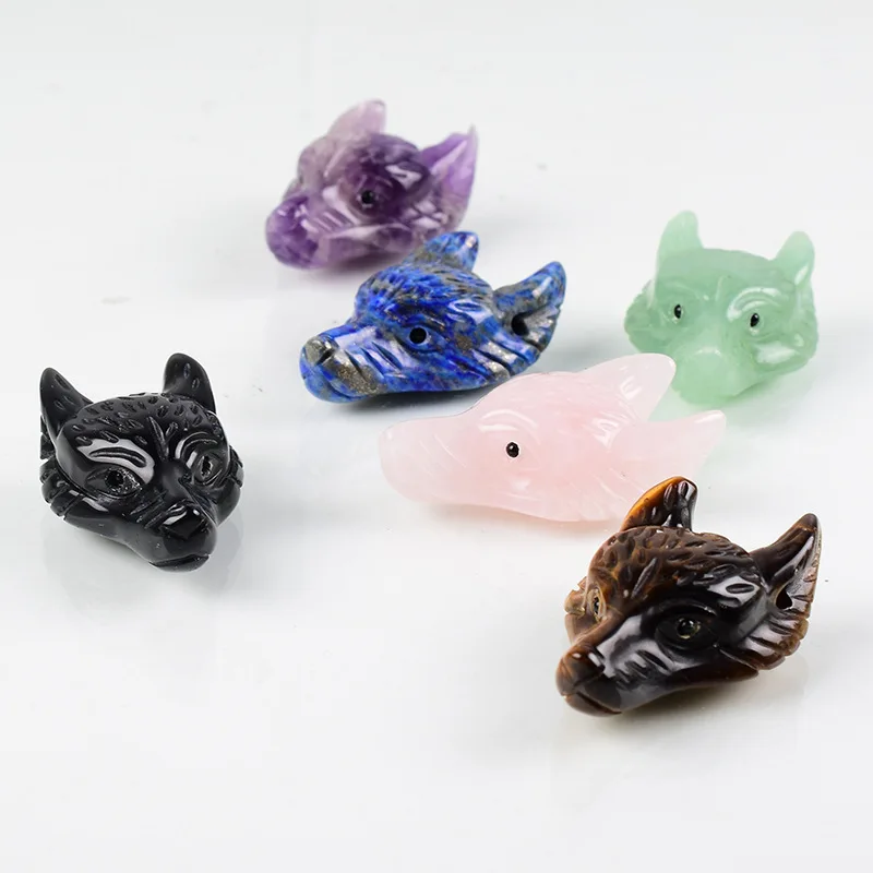 Wholesale Natural Stone Wolf Carving Animal Shape Crystal Wolf Head Pendant Quartz Skulls Head