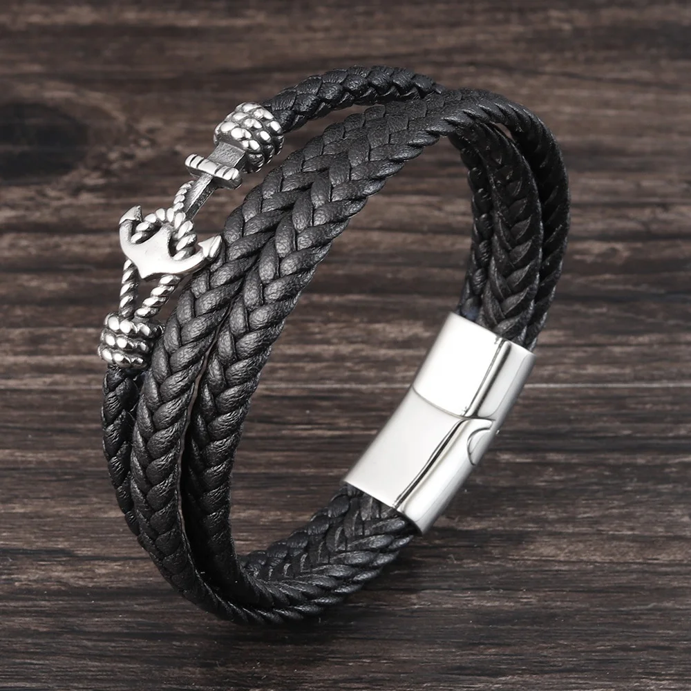 
2021 Silver Anchor Accessories Chain Cuff Bracelet Stainless Steel For Mens Jewelry Gift Genuine Leather 