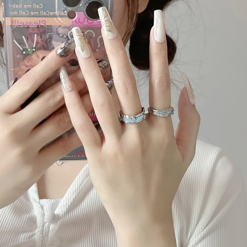 Korean Women  Geometric Star Wave Enamel Glaze Finger Rings Handmade Inlaid Zircon Open Ring Y2K Jewelry INS Girl Gifts