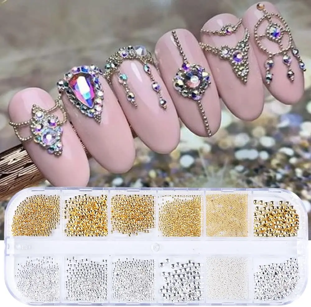 Nail Decorations Mini Metal Gold Steel Ball Beads 12 Grids Nail Jewels Beads Nail Charms Accessories