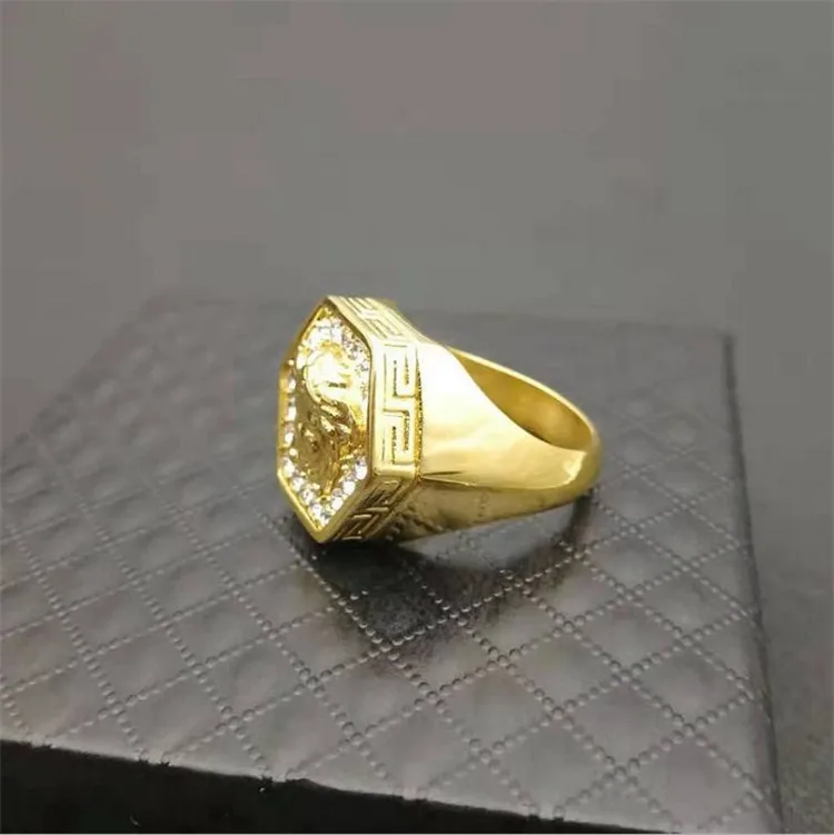  Luxury Brand Customize Ancient Greek Myth Snakes Ring 18K Gold Plated Titanium Steel Hexagonal Diamond Medusa Punk