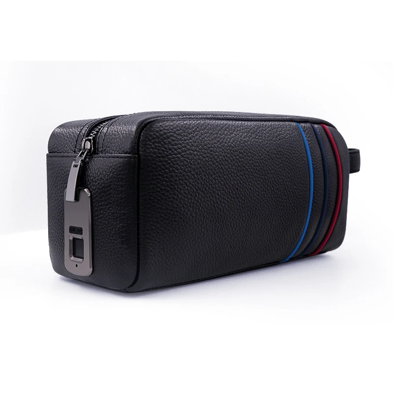 Black anti-theft Real leather Fingerprint unlock Customize  Smart Clutch   Bag   for Men