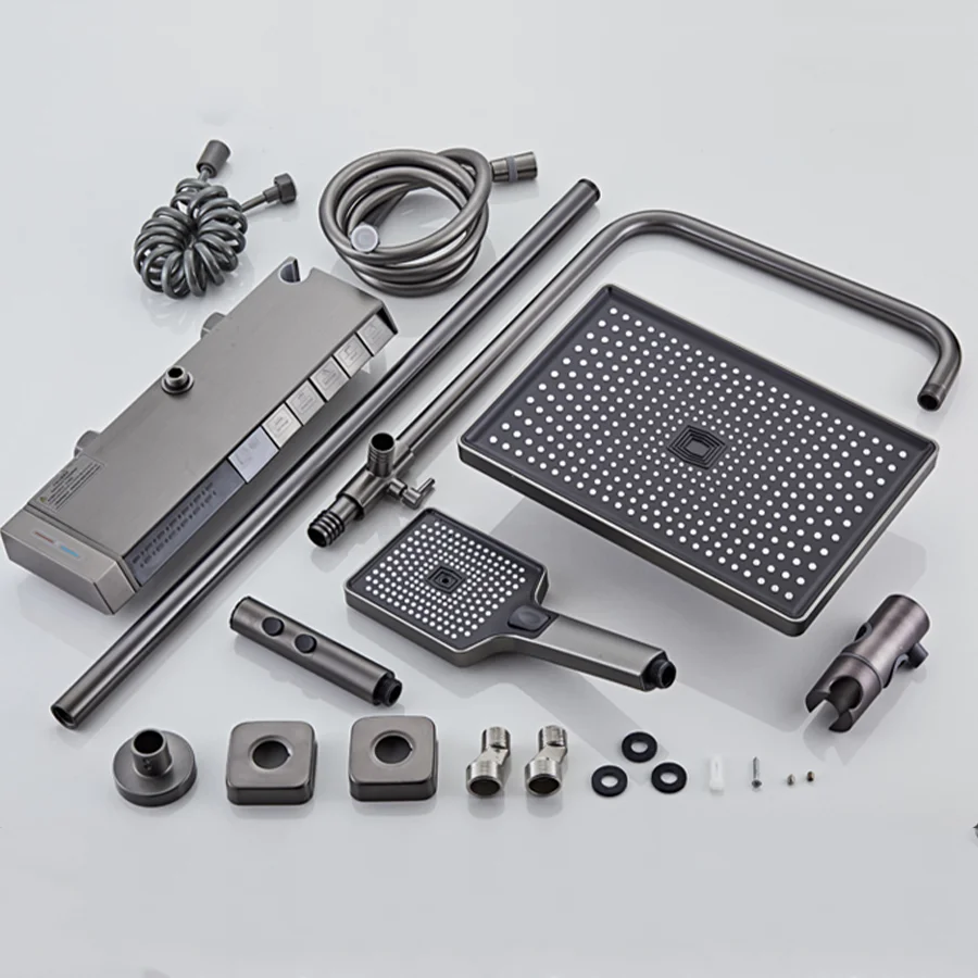 KAHNOS 2024 five function ambient light thermostatic digital display shower head set gun grey rain shower back spray shower set