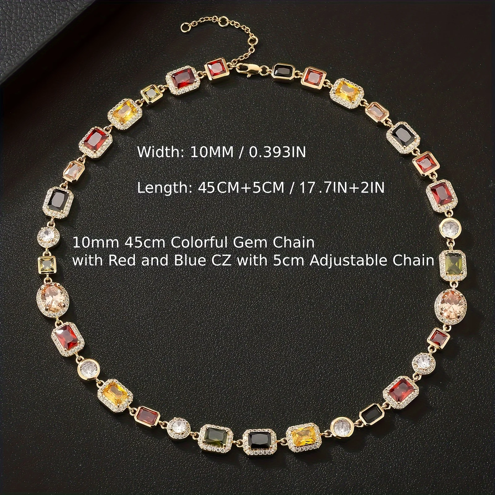 10MM Multi Color Stone Necklace Men Women Hip Hop Jewelry Gemstone Red Blue Black CZ Adjustable Chain Colorful Zirconia Necklace