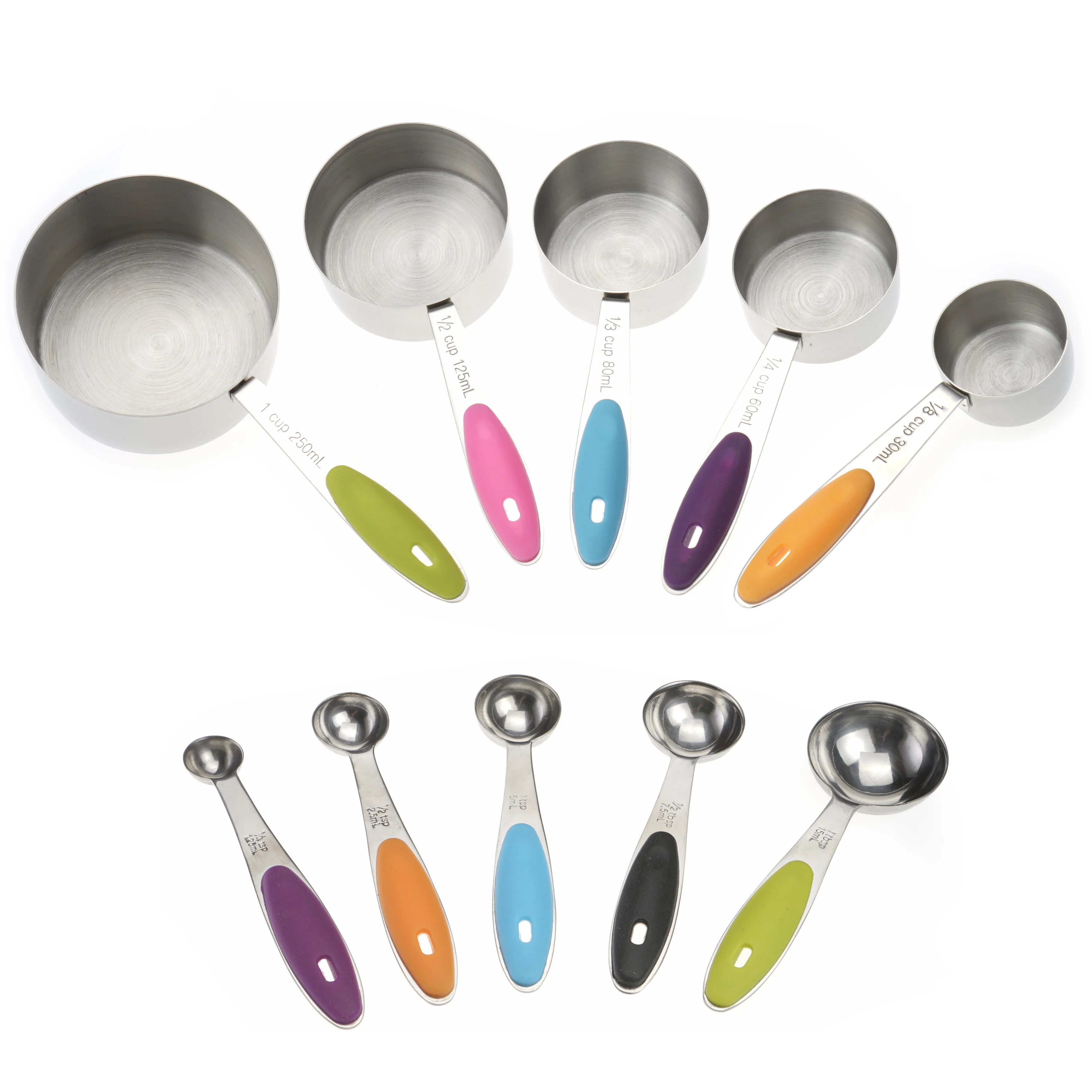 Stainless Steel Measuring Cups and Spoons Set of 10 Pieces Measuring Gadgets with Non-Slip Multi-Color Handles