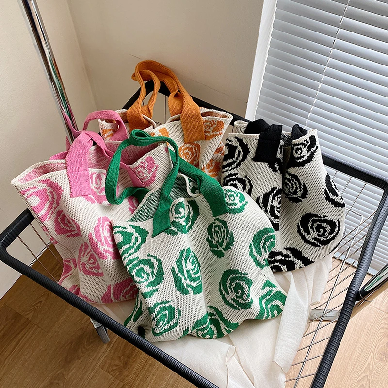 Factory Wholesale Rose Pattern Crochet Handbag Women Large Capacity Shoulder Bag Knitted Tote Bag
