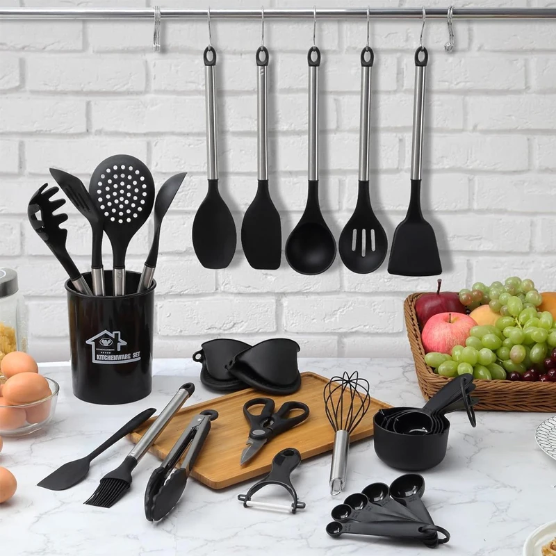 Cookware Food Tong Slotted Spatula Soup Ladle Stainless Steel Silicone Cooking Utensil Non-stick Kitchen Utensil Set with Holder