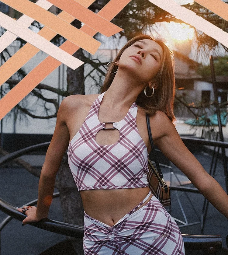 Plaid stripe Gym Wear Set Plaid Styles Yoga Set Advanced Color Outdoor Fitness Workout Sets For Women