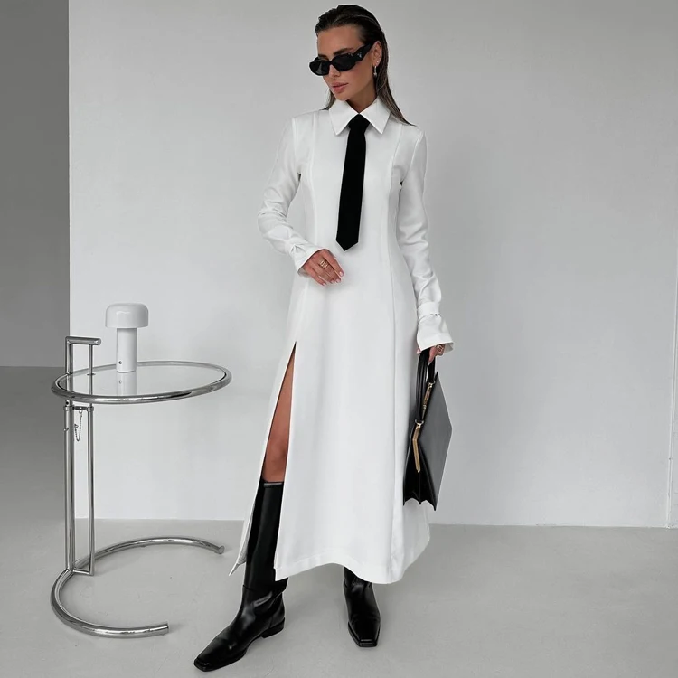 Designer Clothes Preppy Tie Shoulder Padded Long Sleeve Shirt Style Ladies Slit Dresses Casual White Long Shirt Dress For Women