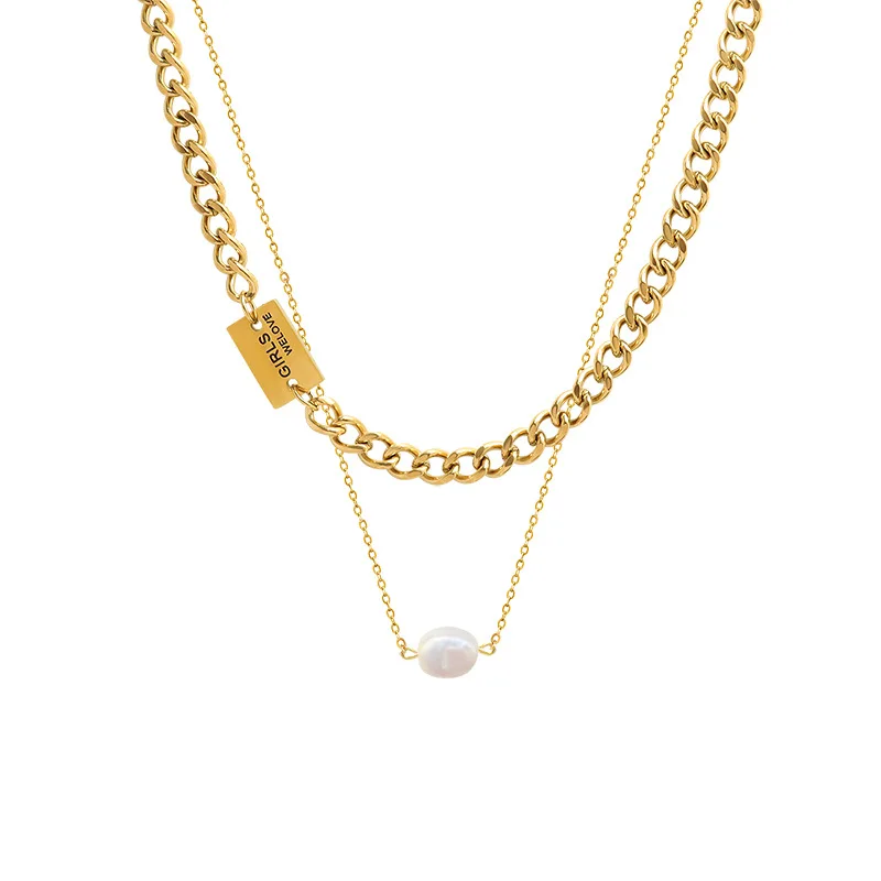 Fashion Double Retro Chain Jewelry Luxury Pearl Letters Square Ladies Necklace Pearl Set of Women