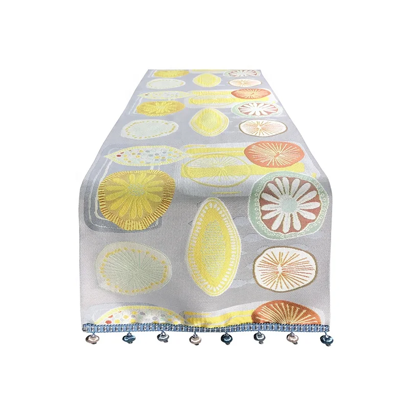 Contemporary 100% Polyester Home Table Linen Jacquard Lemon Table Runner With Beads
