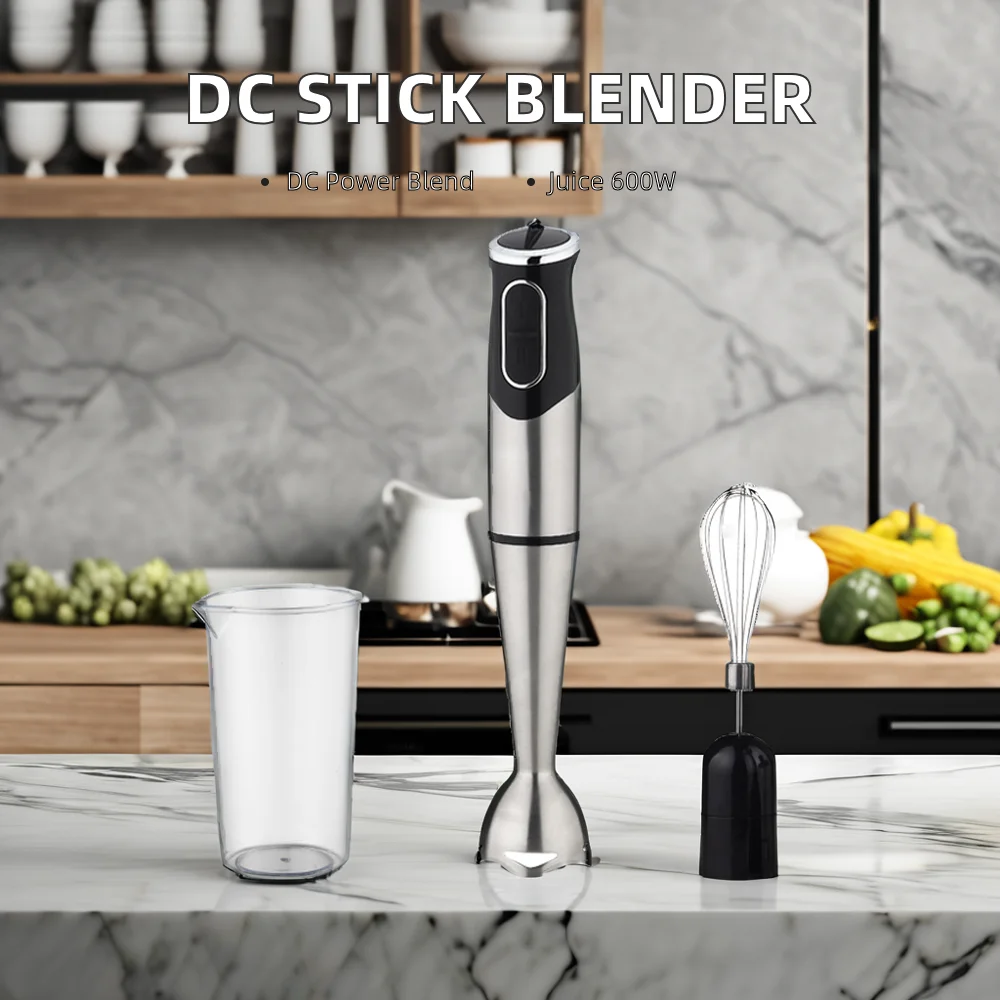 600W DC Motor Kitchen Immersion Hand Stick Blender Electric Push Button Controls SS Blade Mixer Plastic Container Household Use