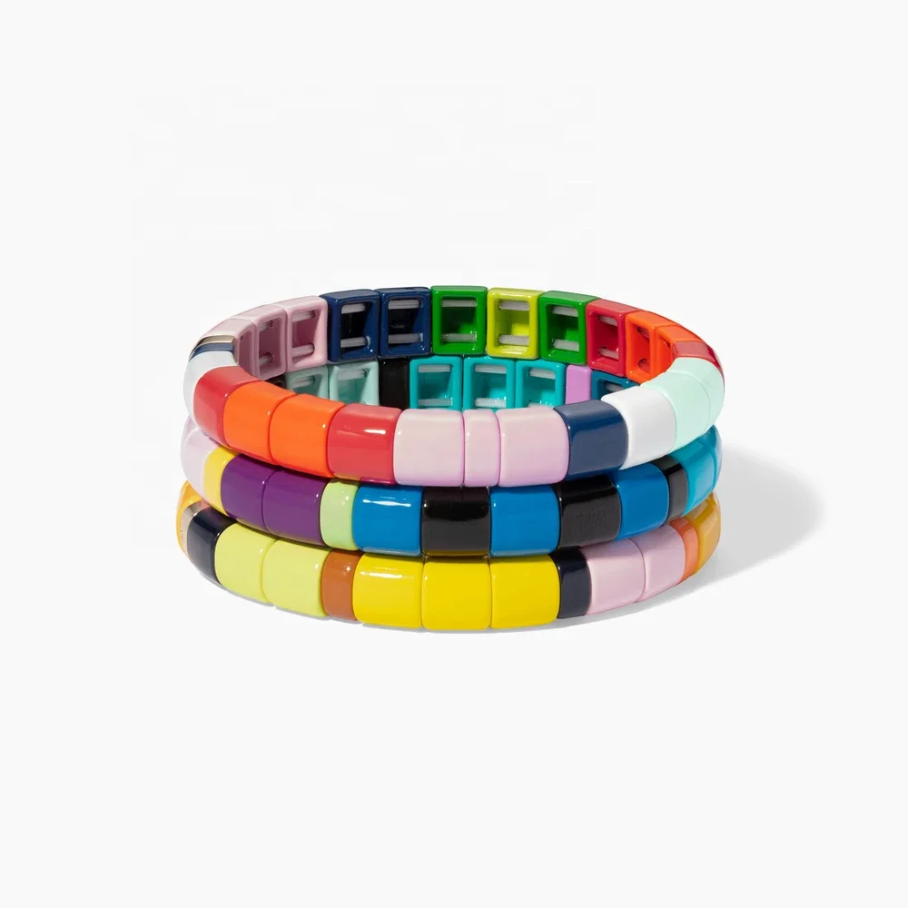 
customized Colorful Enamel Argyle Bracelet Friendship Tile Bead Stretchy Bracelet Rainbow Enamel Alloy Tile Beads Wholesale 