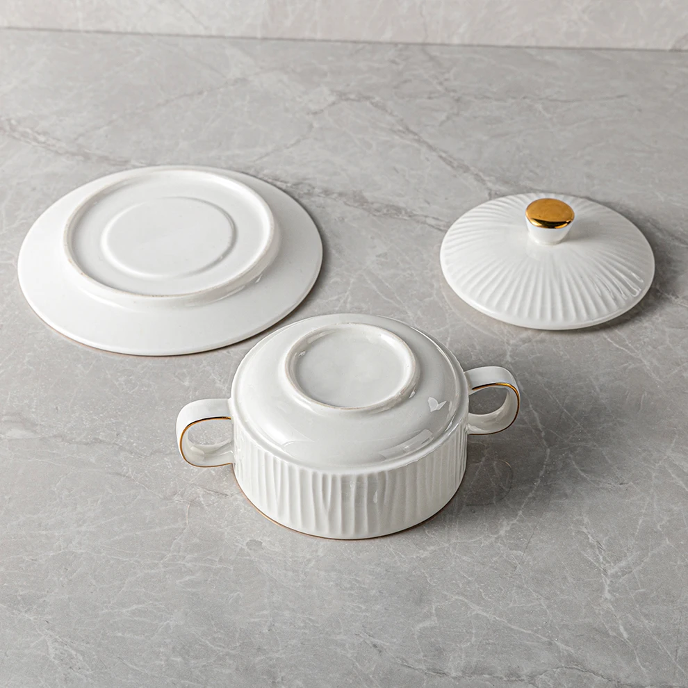 Factory Direct Sell 240ml Nordic Salad Bowl White Gold Rim Pottery Soup Bowl With Lid Porcelain Soup Bowl With Two Handle