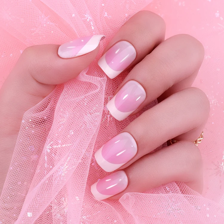 Factory Wholesale Fashion Acrylic Pink Press On Nails Handmade Press On Nails French Manicure On 24 Pcs
