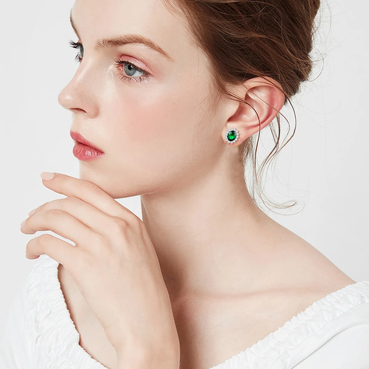 Classic Princess Diana Oval Cut Gemstone Halo Emerald 925 sterling silver studs earrings