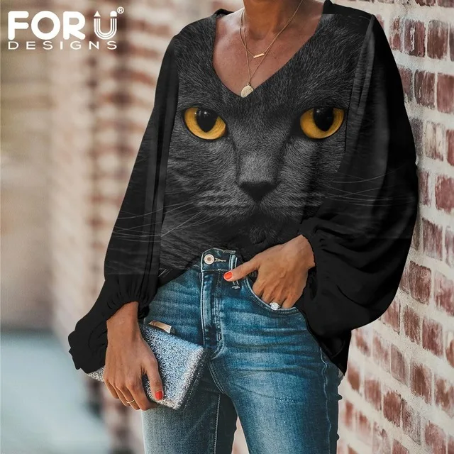 
Plus Size Shirts 3D Evil Black Cat Eyes Casual Loose Shirt Tops V Neck Blouse Chiffon Outerwear Woman Clothes 