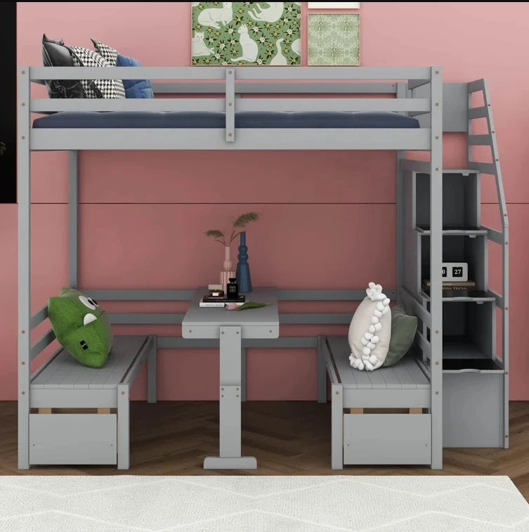 Modern Panel Wood Style 2-Drawer Full over Full Loft Bed with Built-In-Desk Wooden Beds