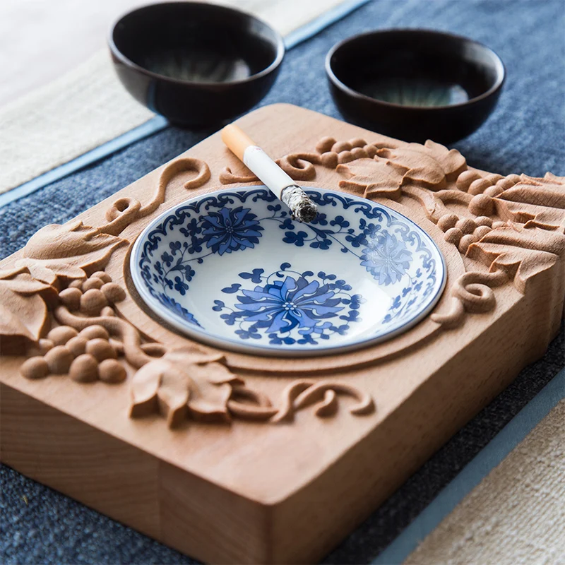 Chinese New Style Low Price Cigar Wood Carved Ashtray For Sale Customization of tableware and wood products