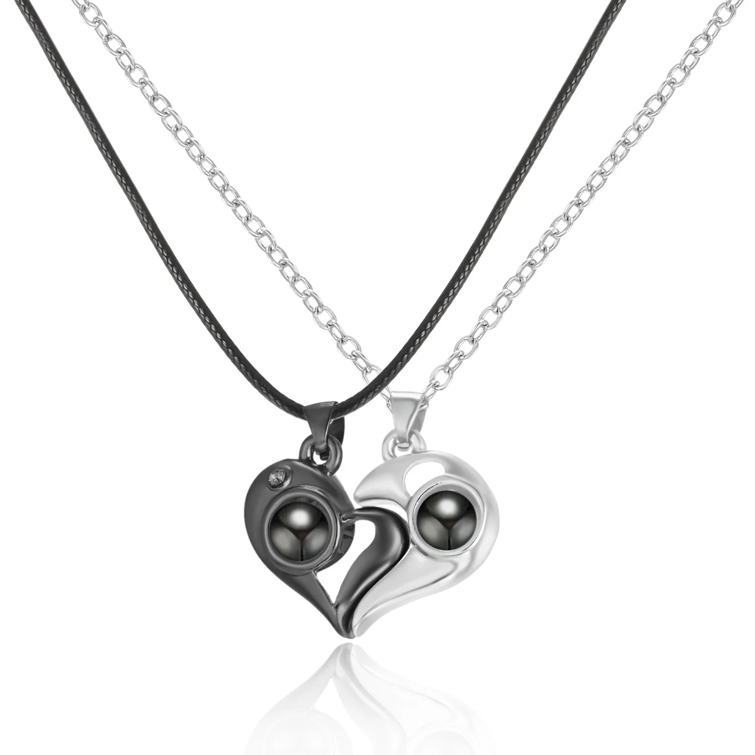 Magnetic Matching Necklace for Couples - Projection 100 Languages I Love You Pendant Moon and Sun Heart to Heart Necklace