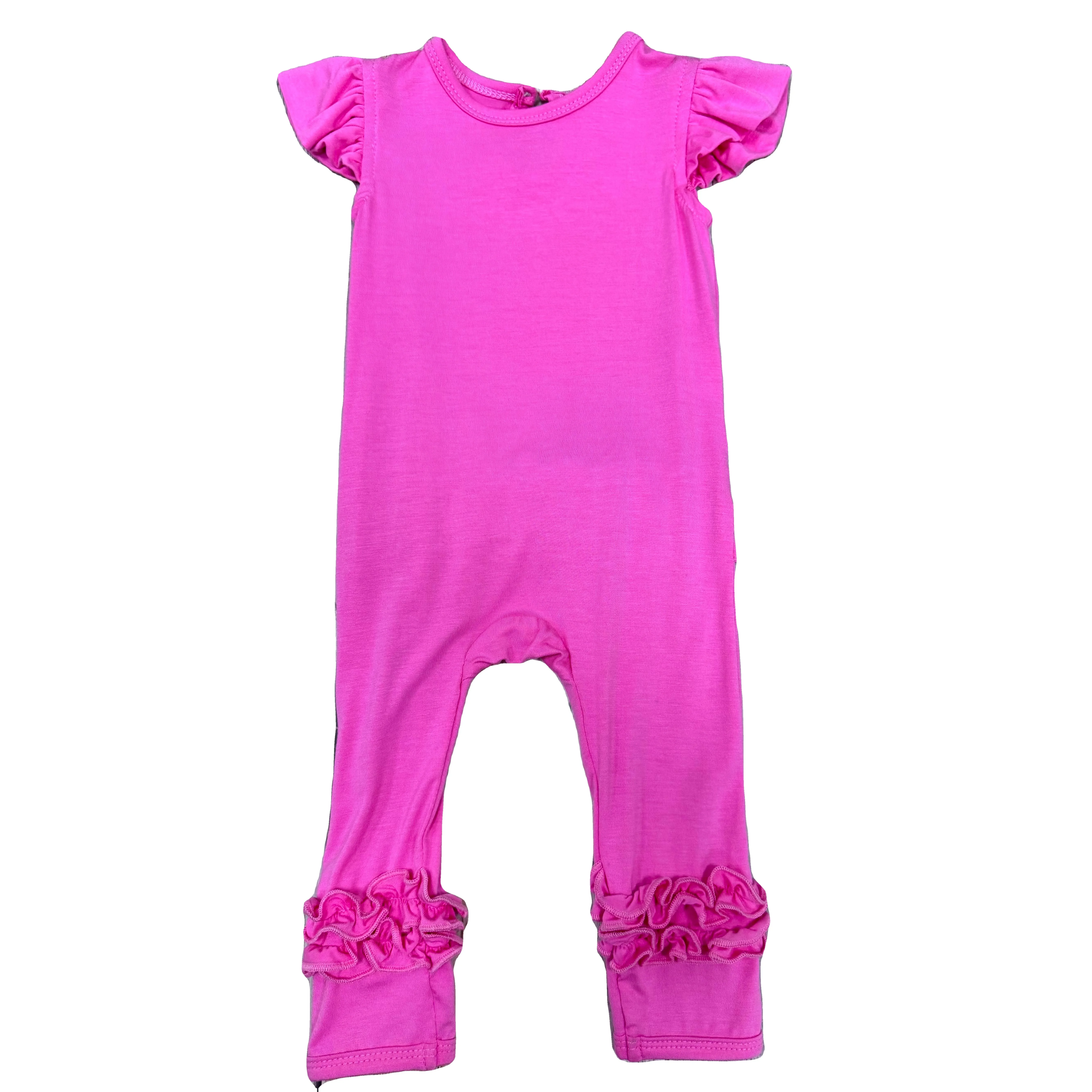 Custom Hot Romper with Flutter Sleeves and Multi Layers Ruffle Bodysuit Back Button Closure Baby Girl Jumpsuit