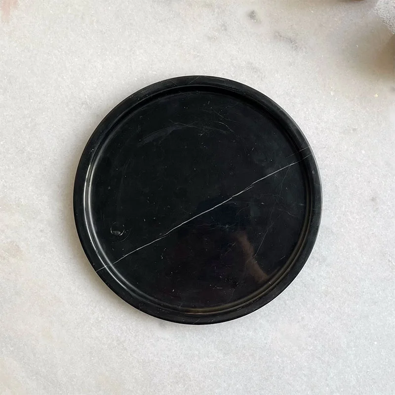 Сборный черный мраморный сервировочный поднос Nero marquina круглый 20x3 см