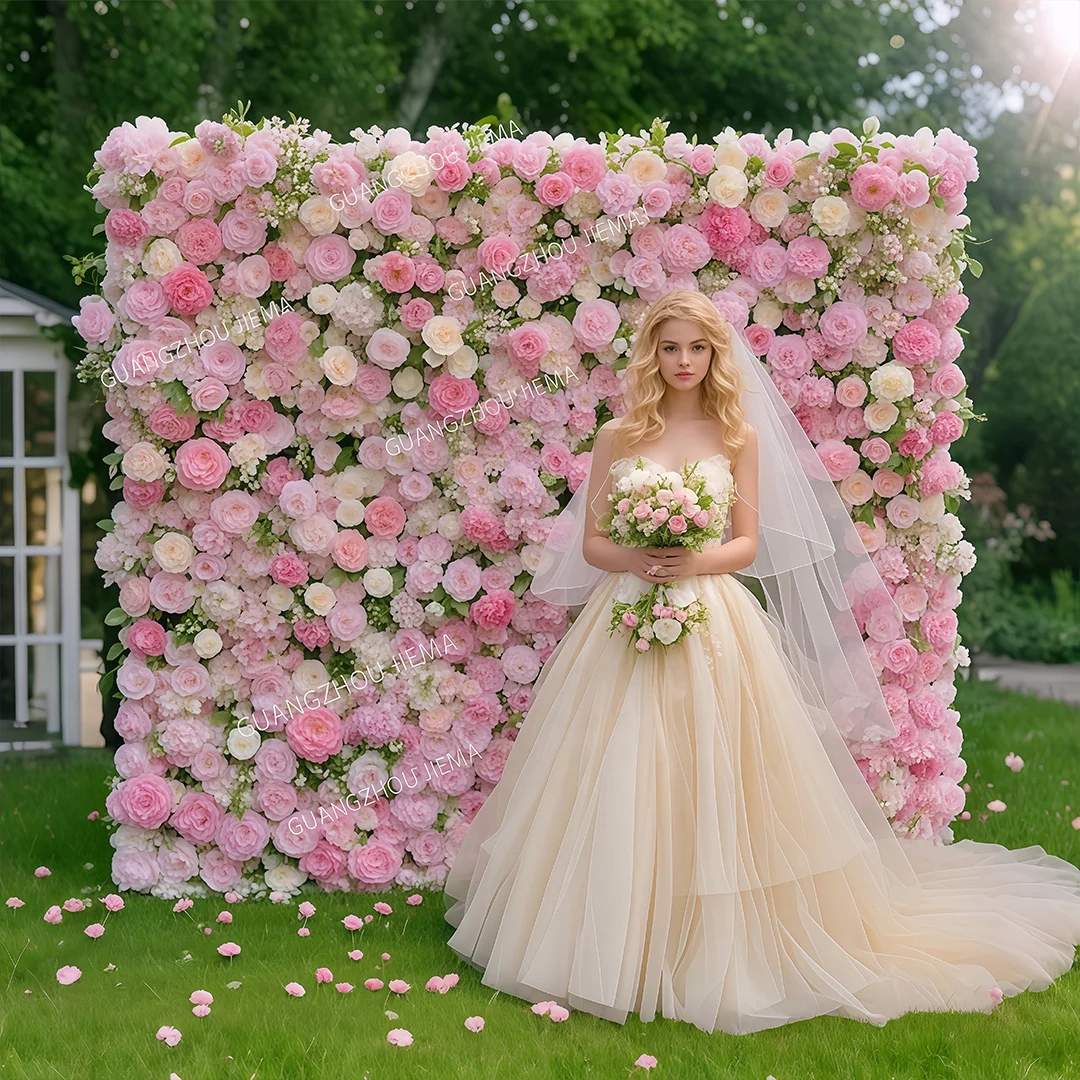 High Quality 8x8 Roll Up Silk Floral Panel Custom 3D/5D Pink Artificial Rose Flower Wall Backdrop Wedding Decoration Background