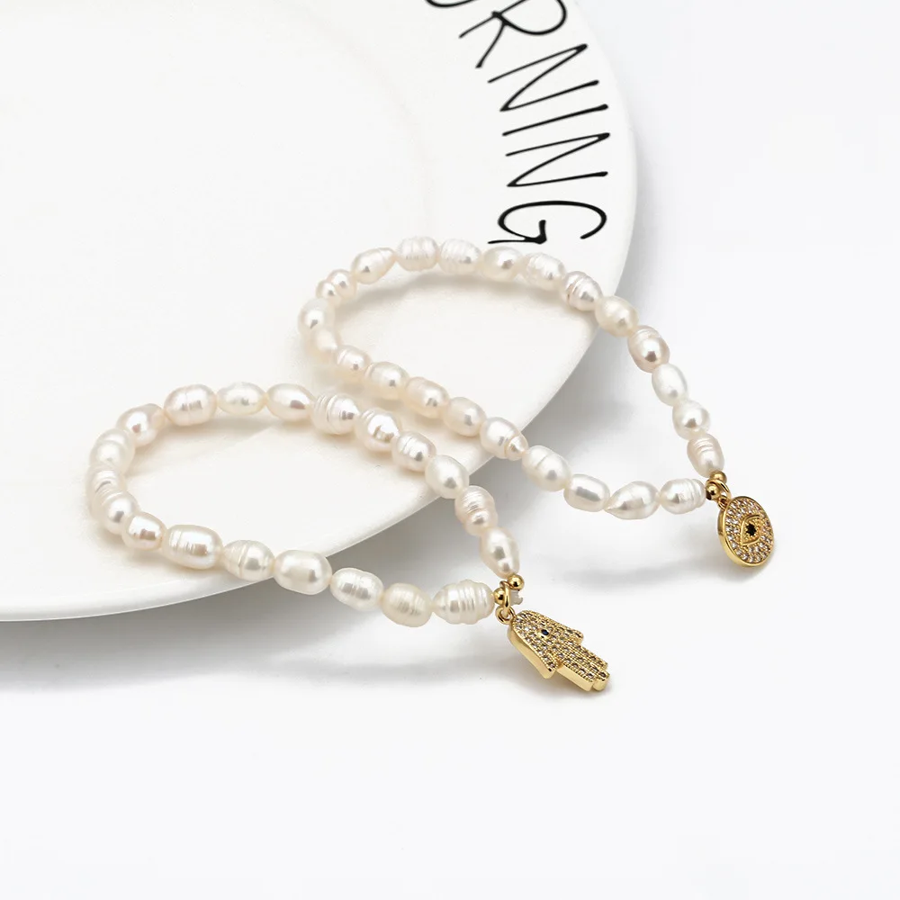  Baroque Freshwater Pearl Beads Bracelet Gold Plating Full Zirconia Hand