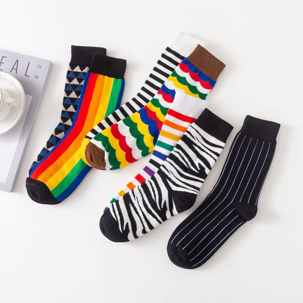 Funny Cute Japanese Socks Women Striped Zebra Rhombus Rainbow Colored Socks