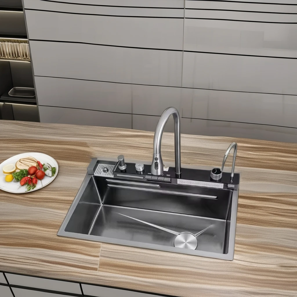Stainless Steel Apron Farmhouse Handmade Kitchen Sink Light Emitting Diode Smart Waterfall Multifunctional Kitchen Sinks