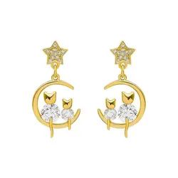 Slovehoony S925 Sterling Sliver Moon And Cute Cat Mother Child Gold Plated Huggies Kitties Jewelry Earrings Elegant For Women