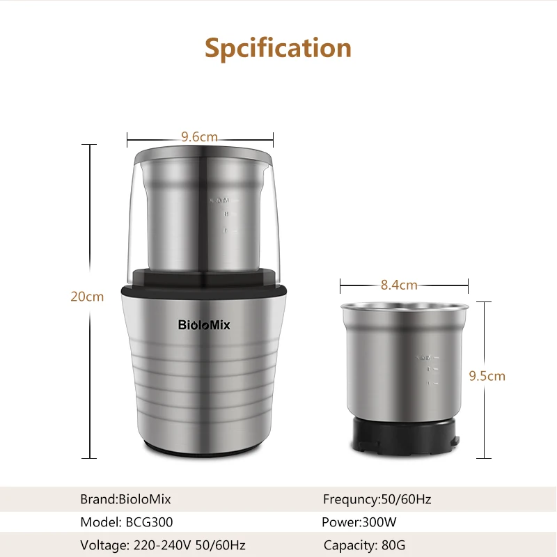 BioloMix 2-in-1 Wet and Dry Double Cups 300W Electric Spices and Coffee Bean Grinder Stainless Steel Body and Miller Blades Bio