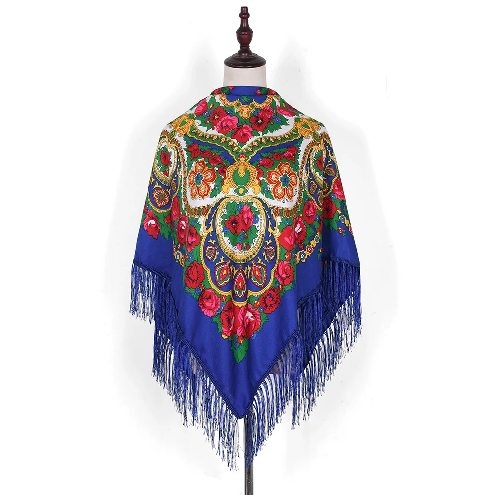 GEERDENG New Arrival Soft Polyester Muffler Square Bandana with Tassel Fringes Ethic Warm Wrap Shawl Stole Russian Flower Scarf