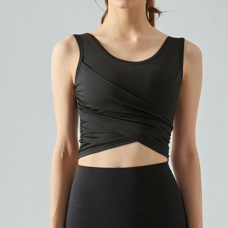 2025 New Arrivals High Quality Yoga Tank Tops Gym Sports Fitness Cross-fold Yoga Vest with Pleated Design and Chest Pad