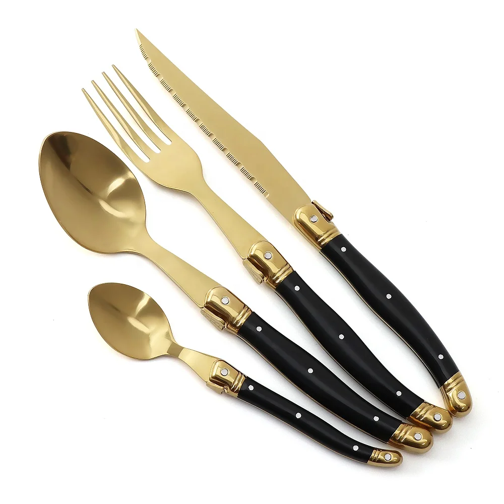 Golden Flatware Laguiole Cutlery Set Stainless Steel Sharp Steak Knives Forks Soup Spoons Teaspoons Dinnerware Set For Wedding