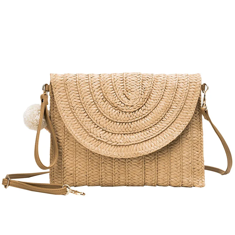 
Raffia clutch hand evening bag pu leather long strip sling woven beach rattan straw bag with pom pom 