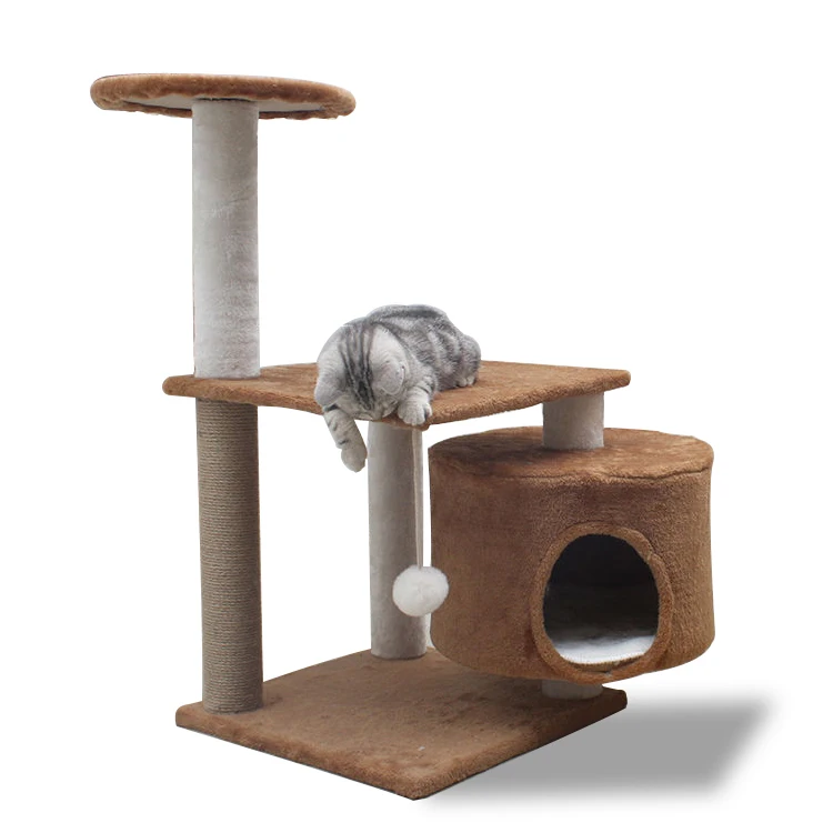 Factory Custom Wholesale Cat Climb Tree short plush Scratching Post Wooden Big House Tower